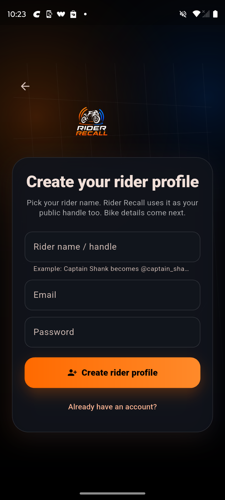 Rider Recall create account screen